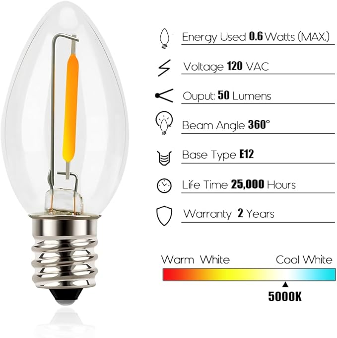 Emotionlite Night Light Bulbs, C7 Candelabra LED Light Bulbs, E12 Chandelier Base, 4W 5W 6W 7W Incandescent Equivalent, Neutral White, 5000K, Clear, 8 Pack
