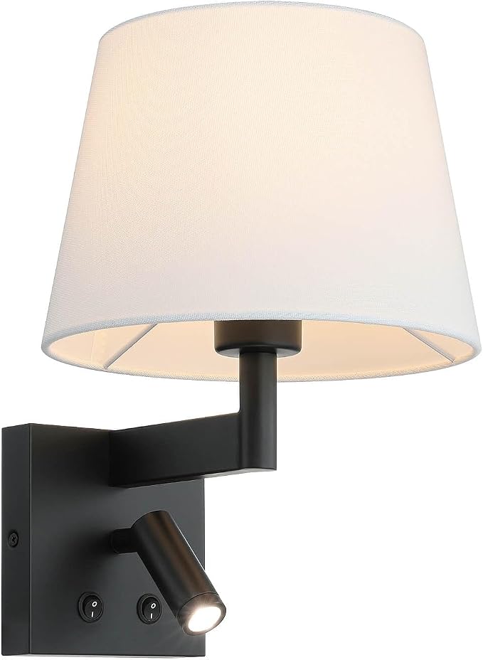 XiNBEi Lighting Wall Sconce LED Reading Light for Bedroom, Black, Hardwired | Linen Fabric Shade, On/Off Switch, Bedside Wall Lighting Fixture, Wall Mounted Lamp, For Living Room Study Hotel Office