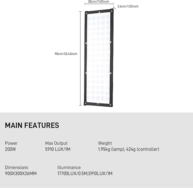 GVM 200W Bi-Color LED Light Panel, Z200B Ultra-Thin Expandable Soft Video Light 2700K–6800K CRI 97+, Modular Zipper Design, App & DMX Control Photography Light for Studio, Film & Live Streaming