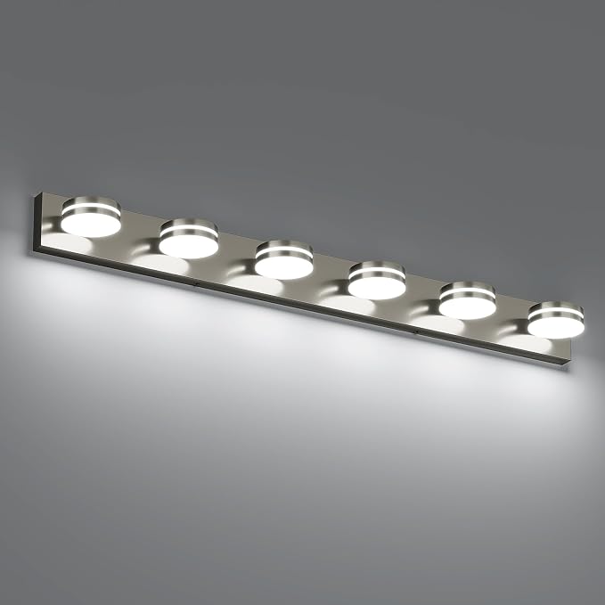 6-Light Brushed Nickel Bathroom Vanity Light Over Mirror, Dimmable LED Modern Vanity Lighting Fixtures, Bathroom Wall Light Fixtures with 360°Rotating Lamp Head (Cool White 5500K)
