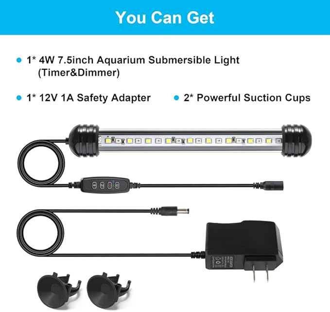 4W 7.5inch Submersible Aquarium Light Underwater Fish Tank Light LED Aquarium Light Bar with Timer Auto On/Off and Dimmer Adjustable Brightness, 1 Yr Warranty