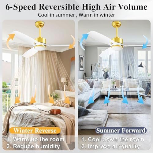 52 Inch Ceiling Fans with Lights and Remote Control - Outdoor Indoor Flush Mount Low Profile White Gold Ceiling Fans for Living Room,Bedroom,Patio