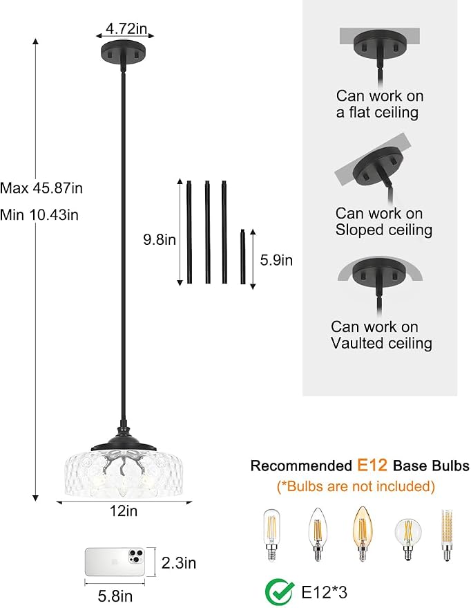 3-Light Adjustable Pendant Lights Kitchen Island, Black Pendant Light Fixture with 12" Clear Hammered Glass Shade, Modern Drop Light for Bathroom, Hallway, Convertible Ceiling Mount Or Hanging Fixture