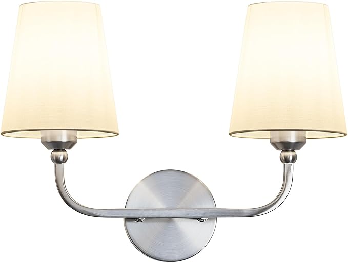 Bathroom Vanity Light Brushed Nickel Bathroom Lighting Fixtures Over Mirror | 2-Light Bathroom Light Fixtures with Flared White Fabric Shade, E26 Socket (ETL Listed)
