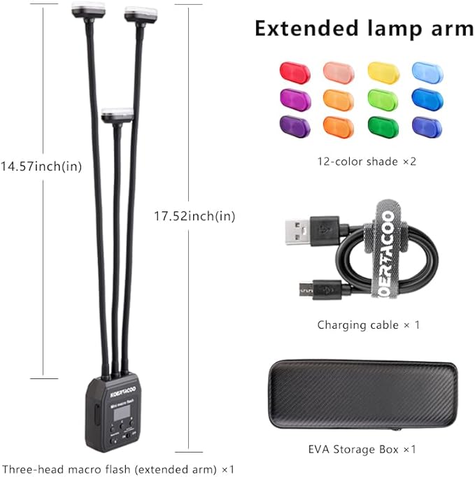 Triple Macro Flash, 2 x Xenon (5600K) 1 x LED Solid Light (6500K) with Extended Arm for Insect and Plant Macro Photography, Compatible with Sony, Canon, Nikon and Fujifilm.