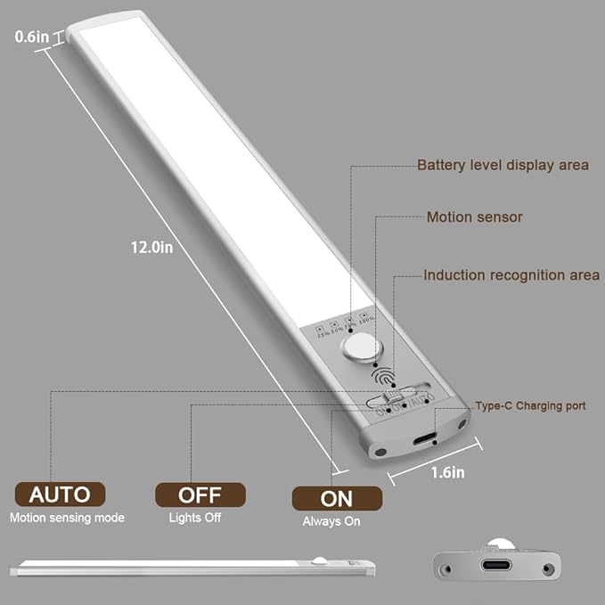 2 Pack Motion Sensor Under Cabinet Lights, 66 LED Rechargeable Closet Light with 3 Color Temps & Stepless Dimming, 2200mAh High Capacity Wireless Magnetic Light for Kitchen, Pantry, Wardrobe