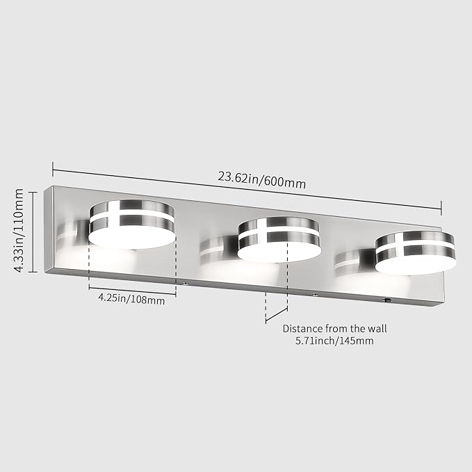3 Light Bathroom Light Fixtures 23.62in Brushed Nickel Vanity Light | Modern Vanity Light Over Mirror with 5CCT Dimmable 360°Rotate for Makeup Vanity Table Bathroom Mirror Bedroom Living Room