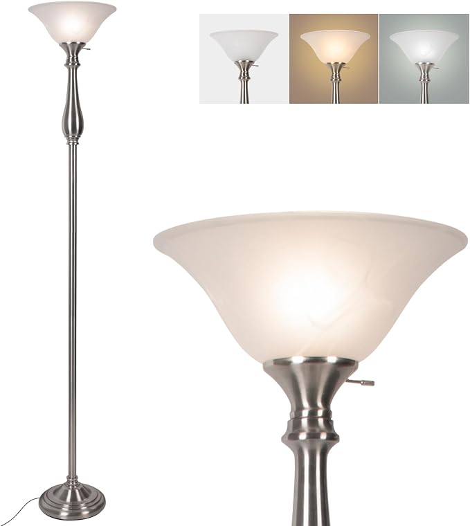 Torchiere Floor Lamps for Living Room Bedroom, 72" Tall Alabaster Glass Bowl Shade with No Bulb, Standing Lamp Iron Brushed Nickel for Corner,Office, Home Decor