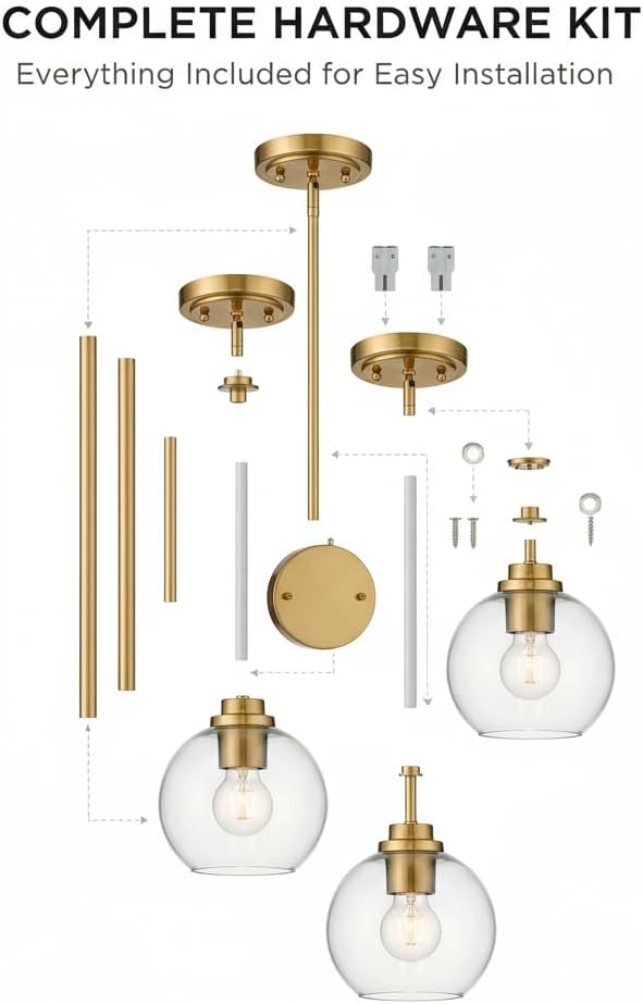 Pendant Lights Kitchen Island, Modern Gold Pendant Light with Clear Glass, 7 Inch Farmhouse Hanging Light Fixtures for Dining Room Entryway, Bedroom, Hallway, Farmhouse- 3 Pack
