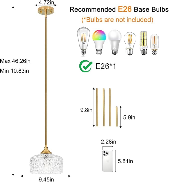 Gold Pendant Lights Kitchen Island, Vintage Bathroom Pendant Light With Clear Glass Shade, Adjustable Height Pendant Light - Dual Mount Ceiling & Hanging Fixtures With 90° Swivel For Home, E26 Bulb