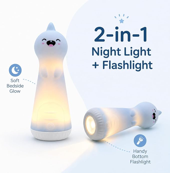 ShaArkMango Flashlight with Night Light for Kids Rechargeable LED Dimmable Nightlight Toddler Bed Room Glow in Dark Handheld Emergency Flashlight for Nursery Traveling Nighttime Use