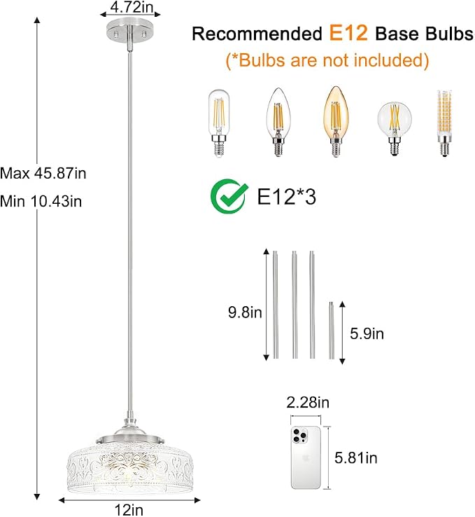 Brushed Nickel Pendant Light with Clear Glass Lampshade, 3-Light Adjustable Pendant Lights Kitchen Island, Vintage Kitchen Pendant Light Ceiling Hanging Lights for Dining Room Hallway Bathroom, E12*3
