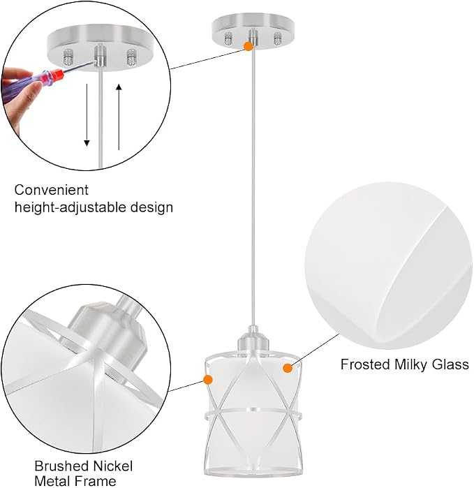 2 Pack Brushed Nickel Pendant Lights for Kitchen Island, Pendant Lights Kitchen Island with 5.51in Frosted Glass Shade, Adjustable Modern Hanging Lights - 59.06 Inch Cord for Dining Room, Entryway