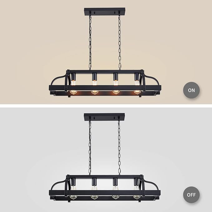 WUZUPS 4-Light Metal Pot Hanging Rack Chandelier Linear Pendant Ceiling Lighting Rustic Farmhouse Fixture Kitchen Island Dining Room, H 9.8" x L 34.6" x W11.8, E26 Base, Black