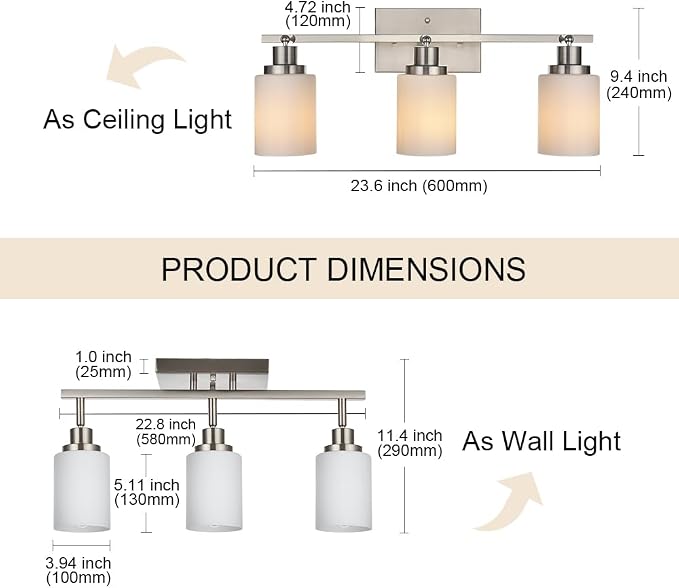 Track Lighting Fixtures Ceiling, 3-Lights Brushed Nickel Wall Ceiling Spot Lighting with Opal White Glass, E26 Bulb Base