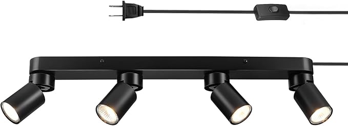 Globe Electric Plug-in Track Lighting, 4-Light Adjustable Track Bar, Matte Black 24-Inch Fixture with 15-Foot Cord, Modern Ceiling Light for Apartments & Rentals
