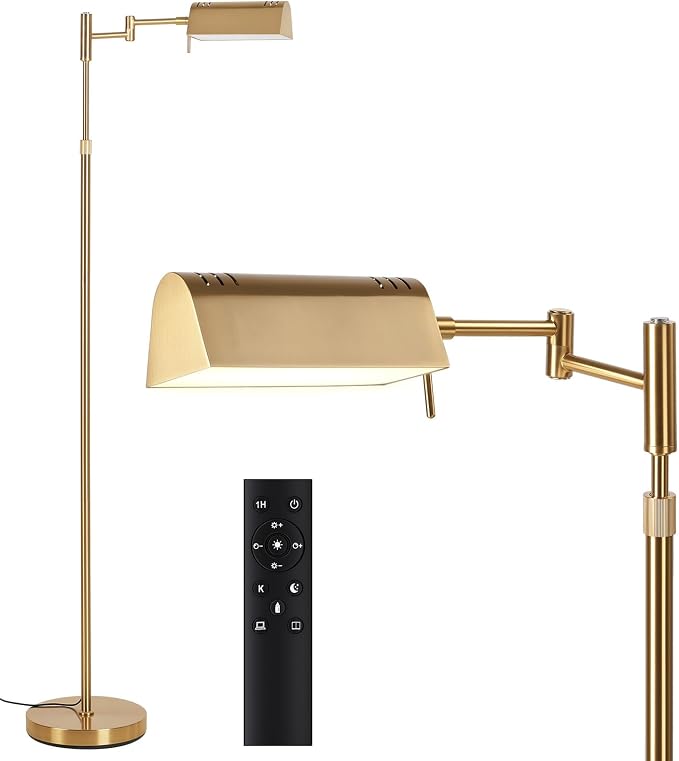 SUNMORY Dimmable LED Pharmacy Floor Lamps, 16W/1500LM Bright Reading Lamp | Remote Touch Control, 350°Swing Arm, Adjustable Height, Task Craft Tall Standing Light for Living Room Bedroom Office, Gold