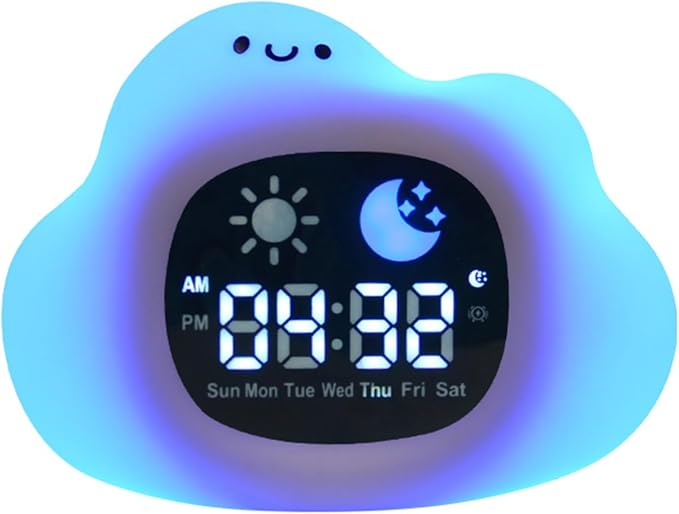 Cloud Cartoon Ok to Wake Alarm Clock, White Noise Tap Night Light for Room | 6 White Noise Sounds, 8 Light Modes, Dual Alarm & Snooze, Dimmable LED, Type-C Rechargeable, 12/24 Hour Display