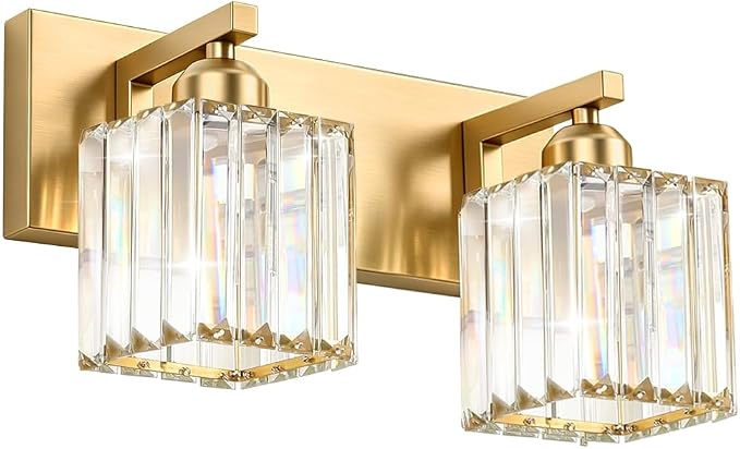 Gold Crystal Bathroom Vanity Light, 2-Light Modern Bathroom Lighting Fixtures Over Mirror,Chrome Wall Sconce Light Fixtures with Square Shade