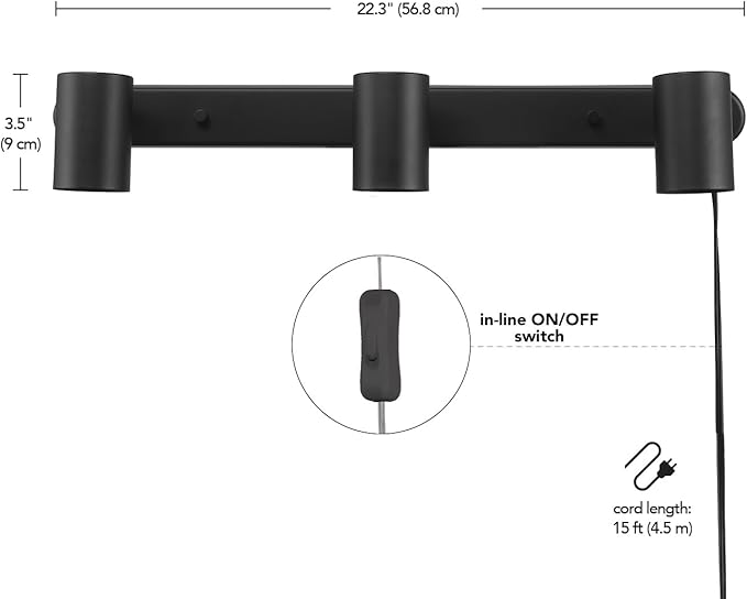 Globe Electric 59467 3-Light Plug-in Track Lighting, Matte Black, Bulb Not Included