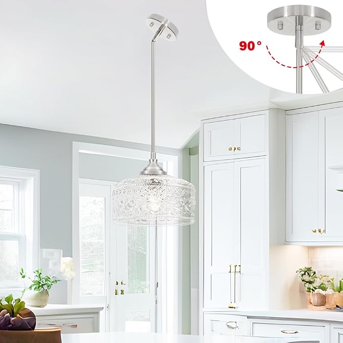 Modern Brushed Nickel Pendant Lights Kitchen Island, Bathroom Pendant Light with Clear Glass, Pendant Lighting over Island with Adjustable Rod, Farmhouse Hanging Light for Dining Room Hallway, E26