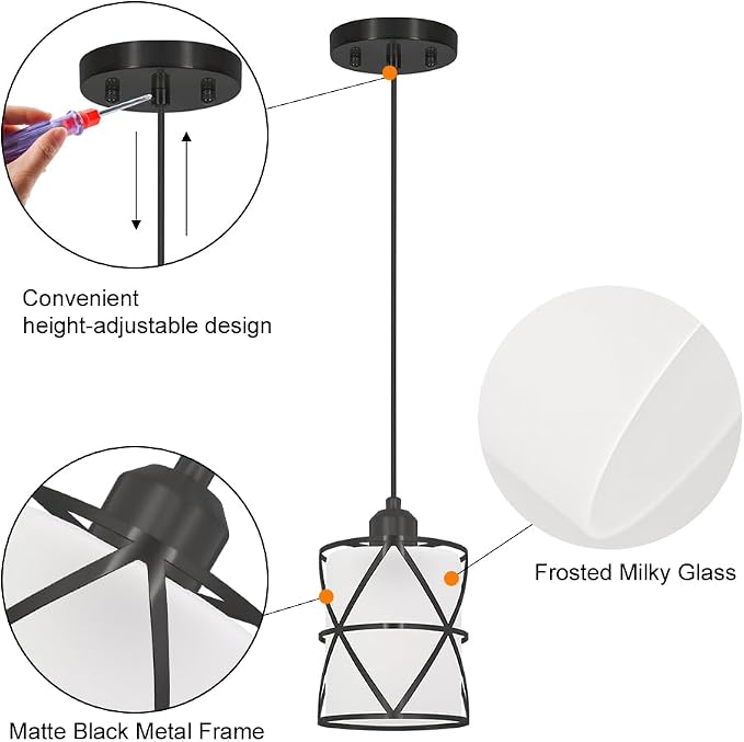Modern Black Pendant Lights Kitchen Island 2 Pack, Farmhouse Frosted Glass Cylinder Pendant Light Fixture,Island Lights for Kitchen,Pendant Lighting for Home Decor - 5.51 Inch Shade 59.06 Inch Cord