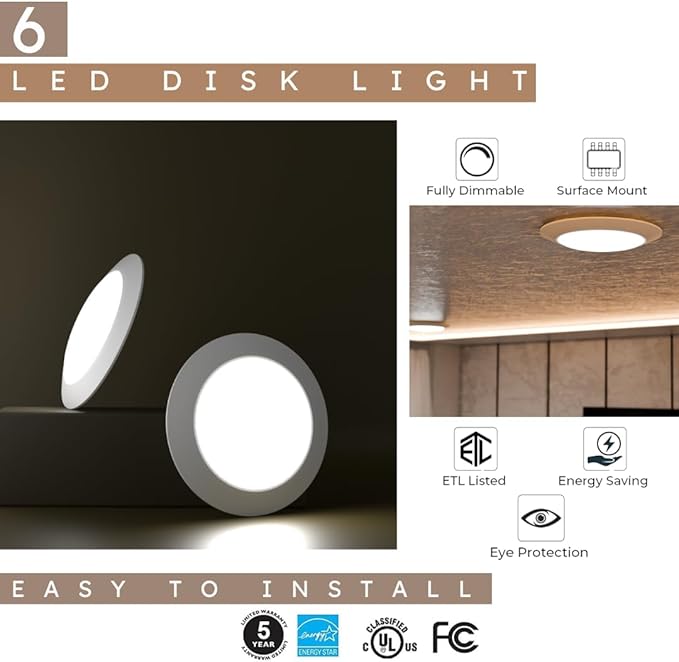 7.5 Inch Flush Mount Ceiling Light Fixture| 16.5W, 1500Lm, 120V, 6000K Modern Kitchen Recessed Ceiling Lamp | Wet Location Dimmable LED Light | ETL, 4/6" J-Box, White (24 Pack)