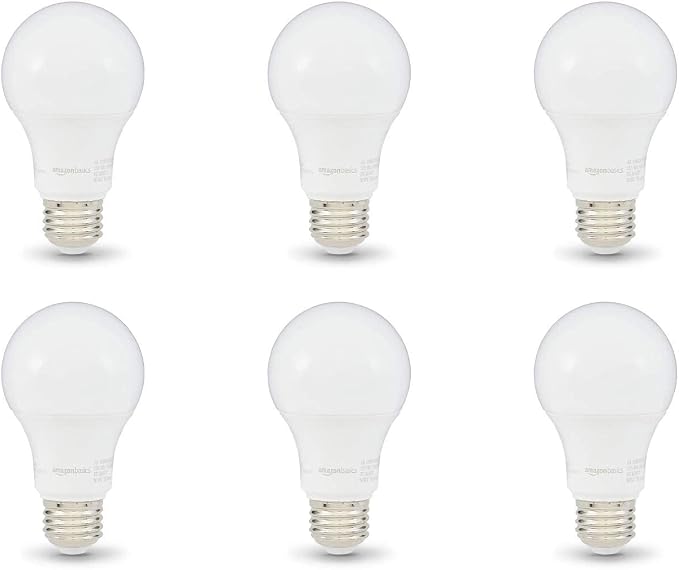 Amazon Basics A19 LED Light Bulbs, 60W Equivalent, 9W Energy Efficient, E26 Standard Base, Daylight White 5000K, Dimmable, 10,000 Hour Lifetime, 6-Pack