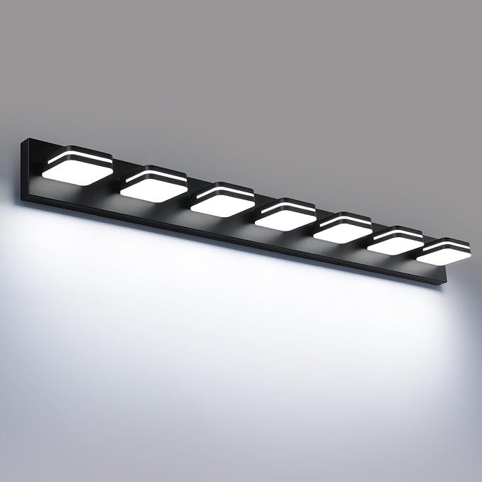 Torondo 360° Rotate LED Bathroom Vanity Light Fixtures, Acrylic Vanity Lights for Bathroom, Modern Wall Lighting Fixtures Over Mirror Living, Matte Black, Natural White, 7-Light, 46-Inch