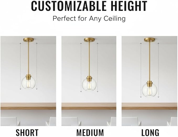 Globe Glass Pendant Lights Kitchen Island, Farmhouse Gold Pendant Lights with Clear Glass Shade,Adjustable Hanging Light Fixture for Dining Room, Entryway, Bedroom 2 Pack