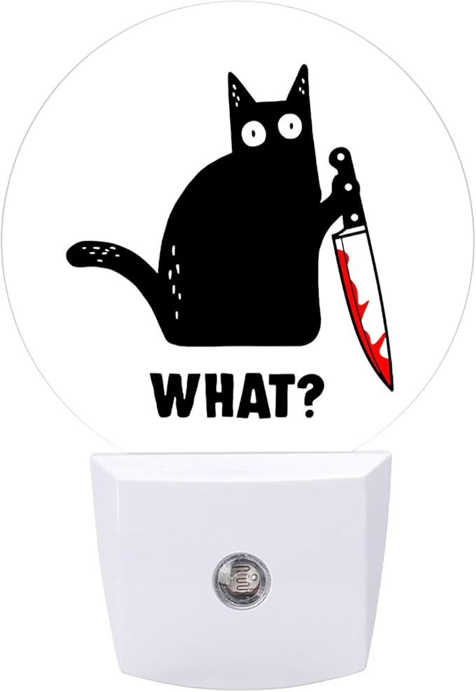 Round LED Night Light,Black Cat and Knife What LED Night Light Plug into Wall with Dusk to Dawn Light Sensor White Energy Efficient Nightlight for Bedroom Bathroom Hallway Living Room Kitchen