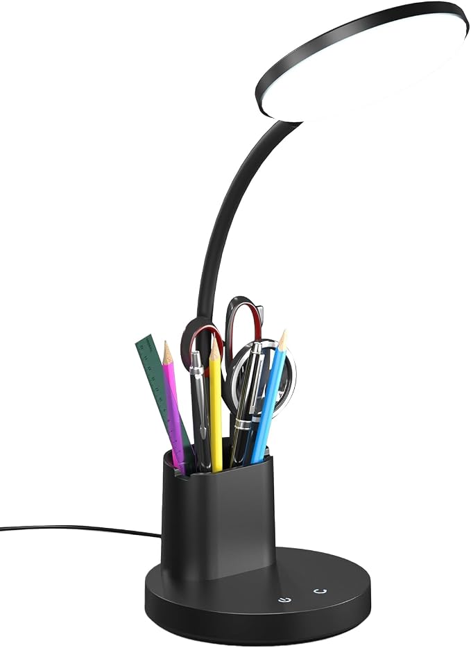 LED Desk Lamp for College Dorm with Pen Phone Holder, Black | 3 Color Modes Dimmable Desk Light, College Dorm Essentials, 360° Adjustable Arm, Eye-caring Bedside Reading Lamp, 800 Lumen