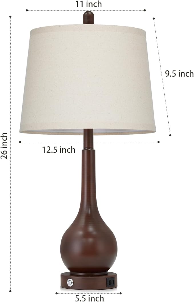 26" Brown Table Lamps Set of 2, Touch Control Bedside Lamps for Bedroom Nightstand, 3-Way Dimmable Farmhouse Lamp for Living Room with Charging Port (2 LED Bulbs Included)