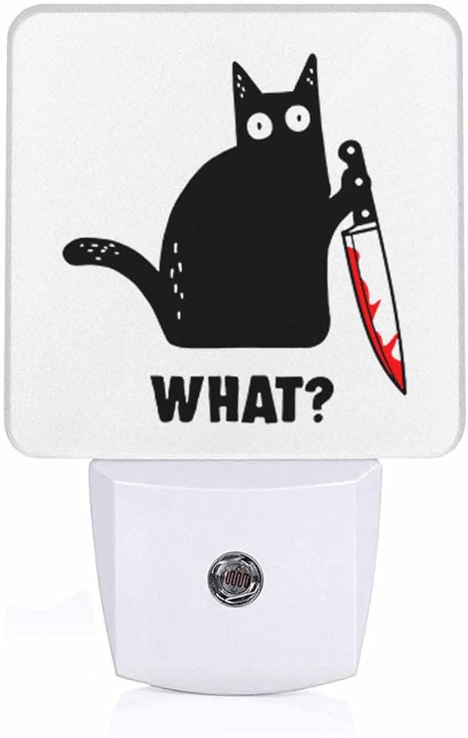 LED Night Light,Black Cat and Knife What LED Night Light Plug into Wall with Dusk to Dawn Light Sensor White Energy Efficient Nightlight for Bedroom Bathroom Hallway Living Room Kitchen