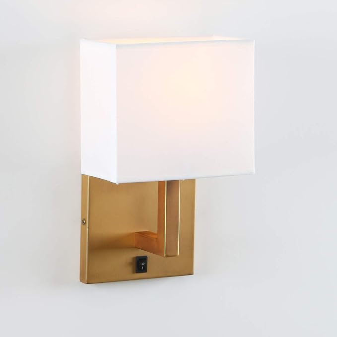 PERMO Single Wall Sconce Light Fixture Antique Finish with White Textile Shades and On/Off Switch Button Small Modern Nightstand Lamps for Bedrooms Bedside Reading