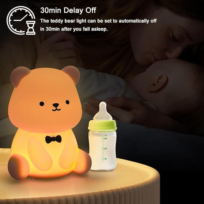 Bear Night Lamp- 30min Auto-off Kids Toddler Nursery Bedside Nightlight, 3 Brightness Modes 6 Light Colors Night Light for Bedroom, Birthday Valentine’s Day Gift for Her Girls Boys, Brown