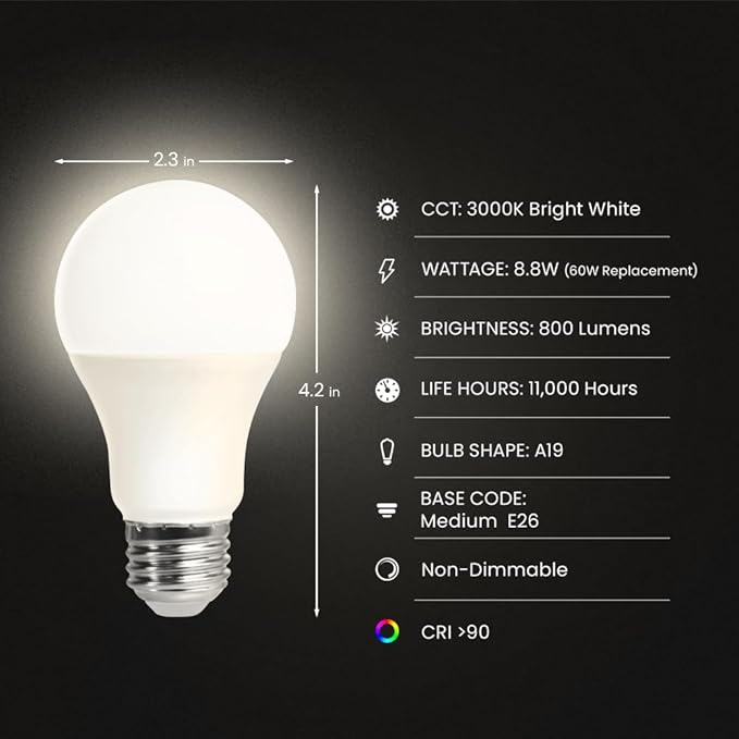 Feit Electric A19 LED Light Bulb, 60-Watt Equivalent Garage Bulb, 800 Lumens, E26 Medium Base, 3000K Bright White, Instant On, General-Purpose Household Lighting, 11,000-Hour Lifetime, 4 Pack