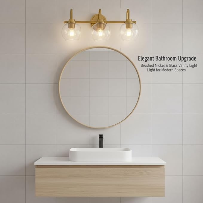 Gold Vanity Light, 3 Light Bathroom Light Fixtures, Modern Bathroom Vanity Lights Fixtures Over Mirror with Clear Glass Globe Shade, Gold Wall Sconces for for Mirror Bathroom Hallway (E26 Base)