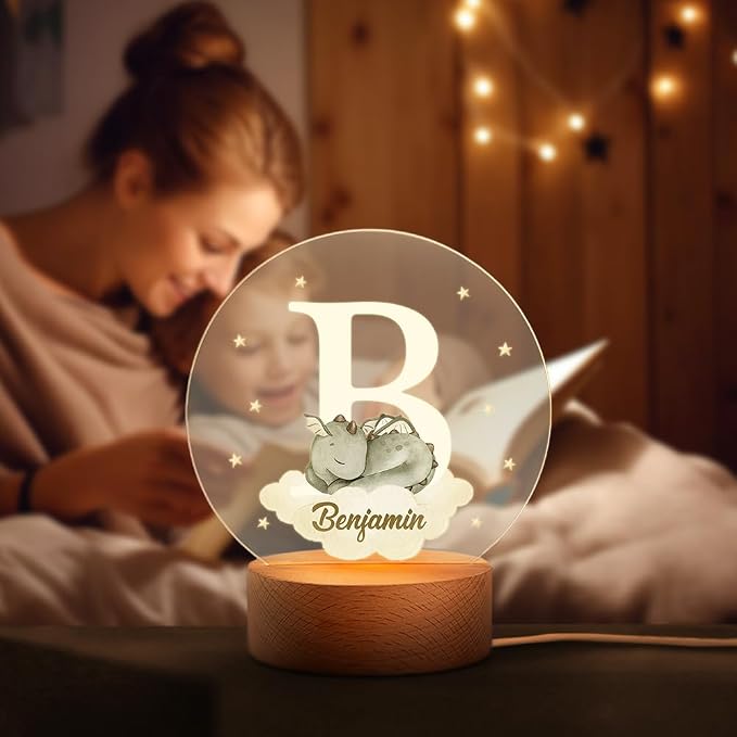 Personalized Dreamy Dragon LED Night Light Custom Name and Initial Night Light with Wooden Base Nursery Decor Gift for Kids