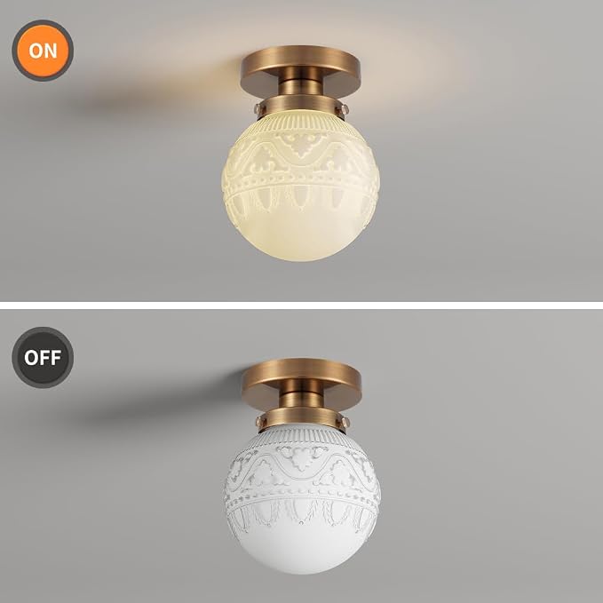 Daunton Semi Flush Mount Ceiling Light, Modern Globe Milk Glass Ceiling Light Fixture, Vintage Small Brass Gold Hallway Light Fixtures for Kitchen, Entryway, Bathroom, Clos
