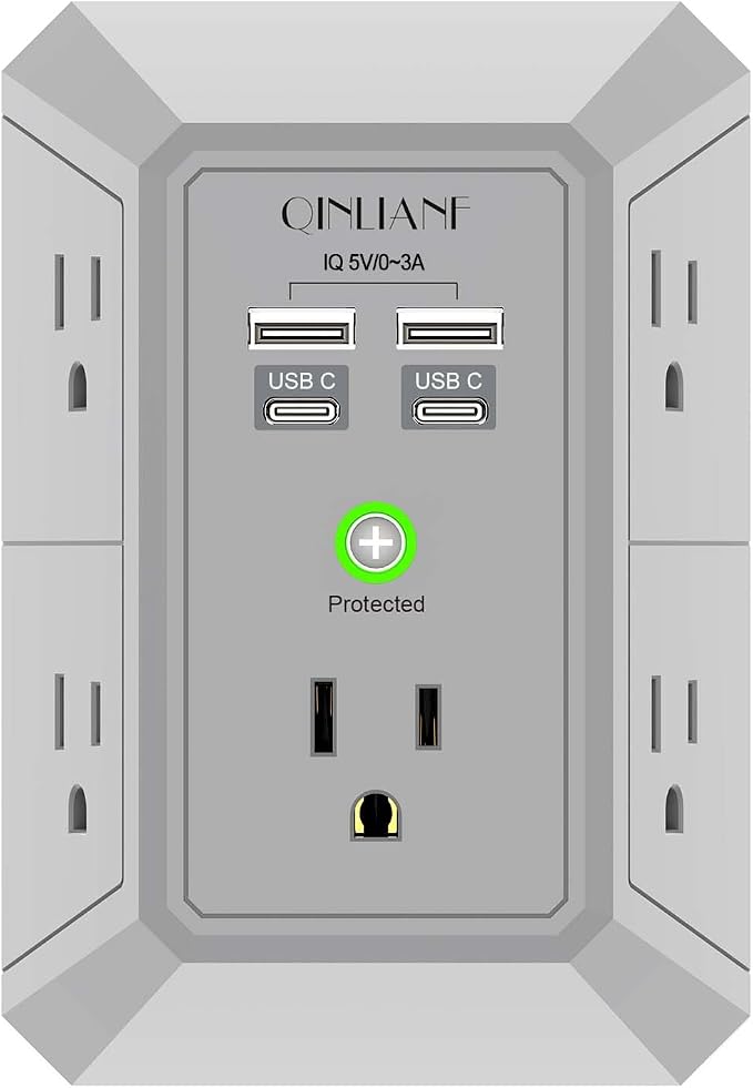 USB Wall Charger, Surge Protector, QINLIANF 5 Outlet Extender with 4 USB Charging Ports(2U2C) 3-Sided 1680J Power Strip Multi Plug Outlets Wall Adapter Spaced for Home Travel Office, Grey