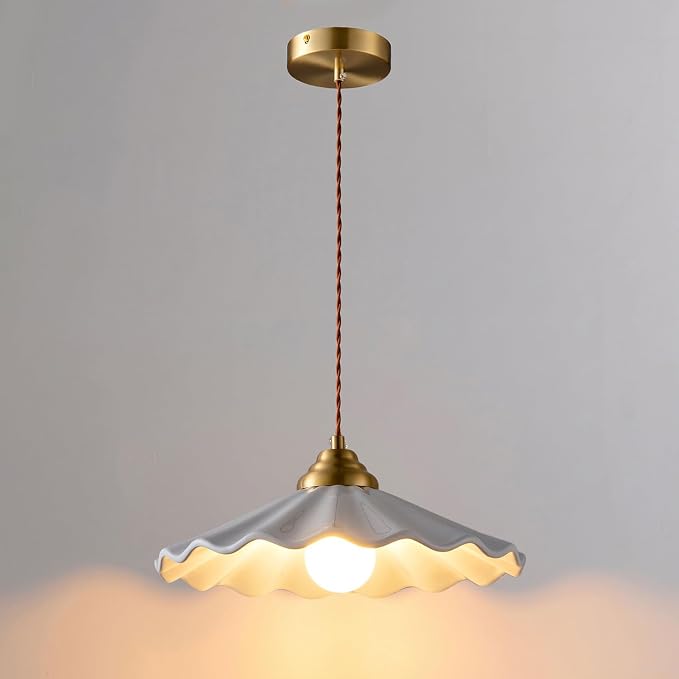 Ceramic Pendant Light, Vintage Pendant Light Fixture with Pleated Ceramic Lmapshade, White Porcelain Pendant Light, Hanging Light for Hallway Kitchen Island Dining Room, 11.8in