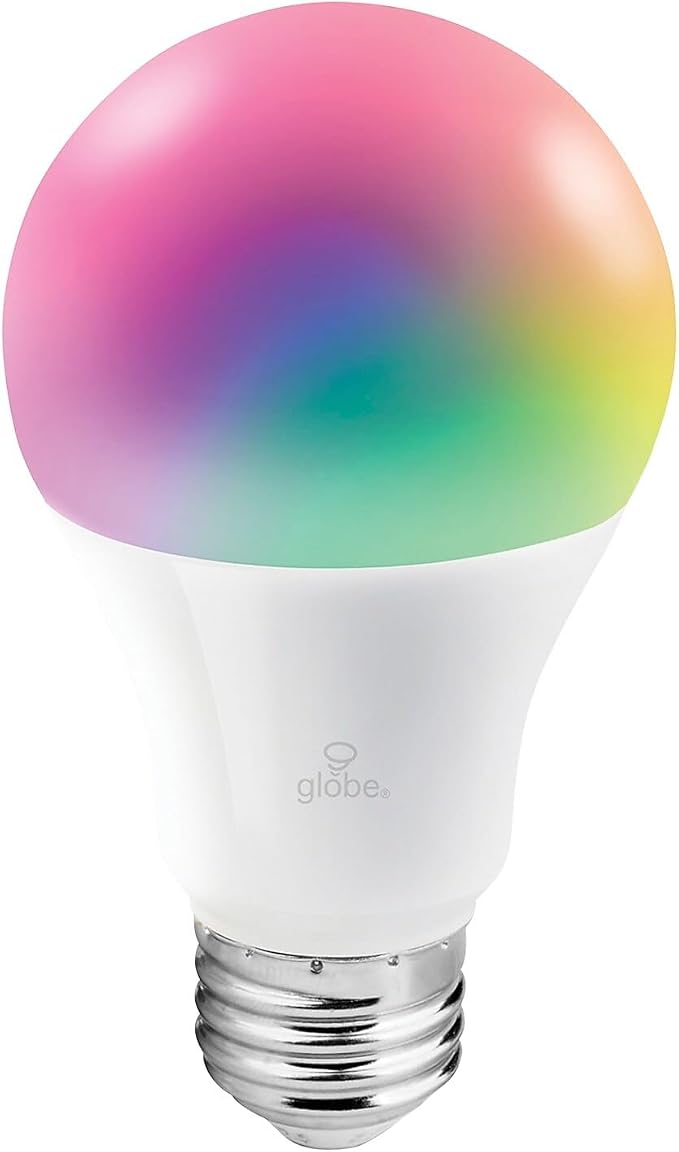 Globe Electric Wi-Fi Smart 10W LED Bulb, Multicolor RGB + Tunable White 2000K–5000K, A19 Shape, E26 Base, App + Voice Control, No Hub Required, 34212