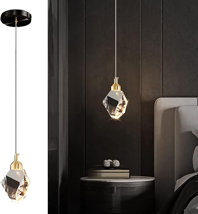 Modern Crystal Pendant Light, 3-Color LED Crystal Pendant Light, Adjustable Height Gold Ceiling Hanging Pendant Lamp, for Kitchen Island Bedroom Dining Room (Black)