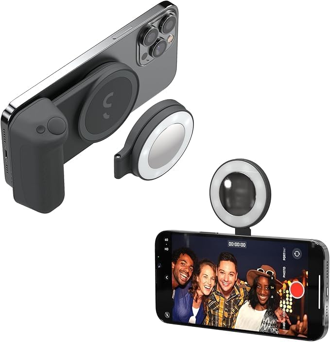 ShiftCam SnapPocket Light - LED Selfie Ring Light with Four Brightness Settings and Built in Battery - Magnetic Mount Snaps on to Any Phone - Flippable Design (Midnight)
