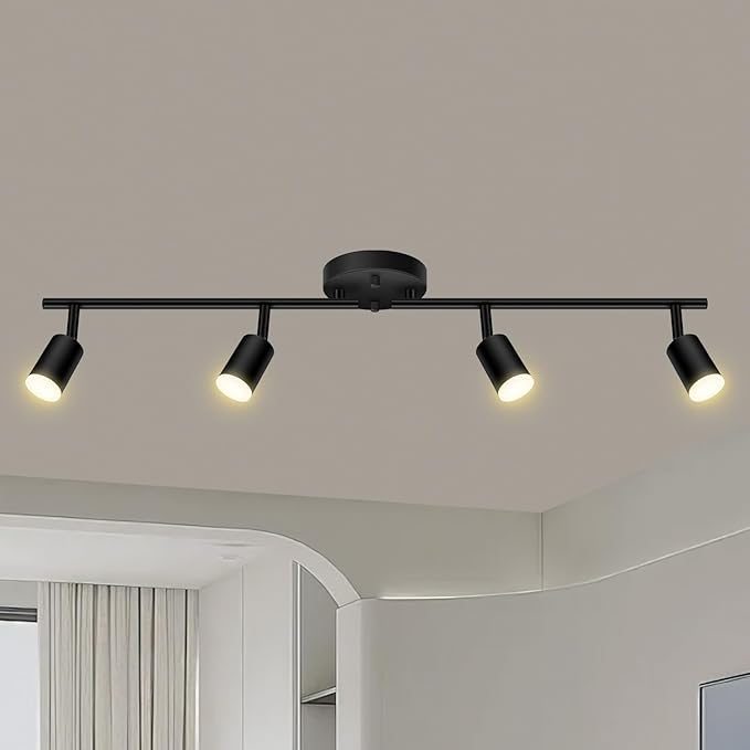4 Light Track Lighting Fixtures Ceiling, 16W/2700K Black Track Lighting with Acrylic Lampshade & Rotatable Light Heads, 20000hrs Lifespan, Modern LED Track Lights Ceiling for Kitchen/Hallyway