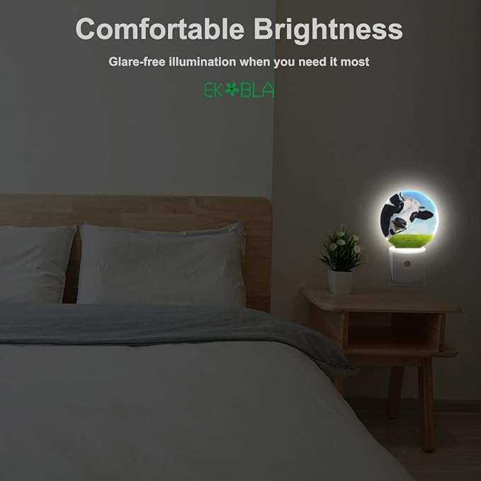 EKOBLA Milk Cow Night Light Farm Animal Black and White Cow Green Grass Blue Sky Night Lights Plug into Wall Auto on/Off Led Nightlight for Bedroom Bathroom Living Room Kitchen Hallway