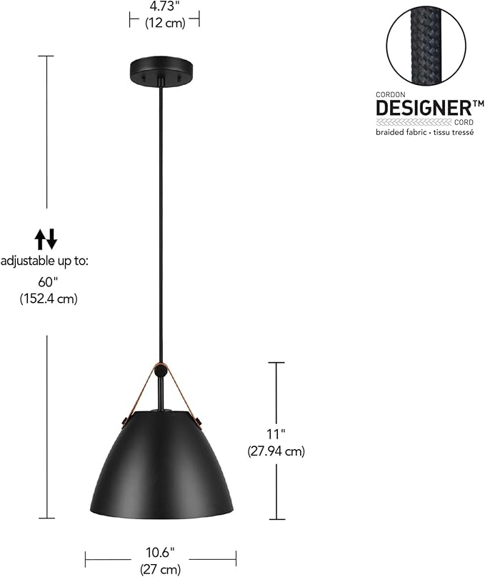 Globe Electric 67000099 1-Light Pendant Light Fixture, Matte Black, Faux Leather Accent Belt, Adjustable Hanging Height, Braided Fabric Cord, Dimmer Switch Compatible, Modern Lighting