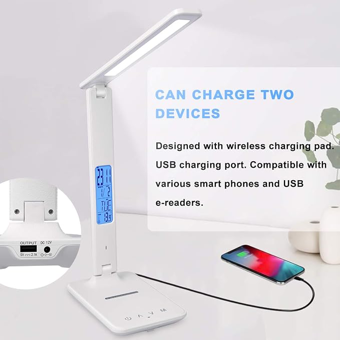 LED Desk Lamp with Wireless Charger, Suitable for Home, Office Dimmable, with USB Charging Port, Built-in Clock, Calendar, Thermometer and Automatic Timing Reading Desk Lamp.