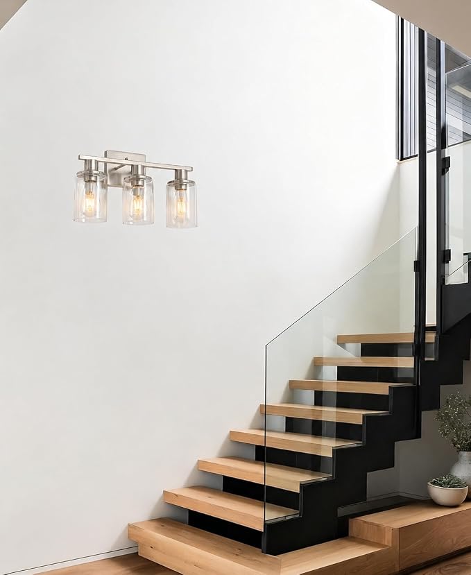Brushed Nickel Bathroom Light Fixtures Over Mirror,3-Light Bathroom Vanity Light with Clear Glass Shade,Modern Farmhouse Wall Sconces Lighting for Mirror Kitchen Living Room Cabinet